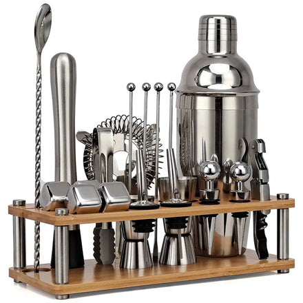 Novelty Stainless Steel Barware Drink Mixology Bartender Tools Set Includes Cocktail Shakers with Bamboo Stand