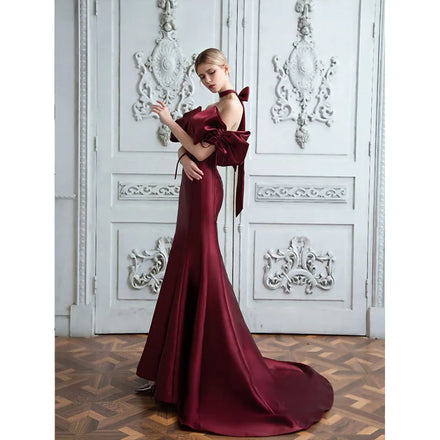AL1202 2025 New Red Satin Mermaid Tail Evening Dress Elegant Slim Bridal Wedding Dress Crystal Ruffles for Parties Festivities