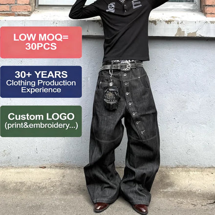 Custom 100% Cotton Curved Long Breasted Button-up Baggy Denim Pants Streetwear Utility Hip Hop Men's Raw Denim Salvage Jeans
