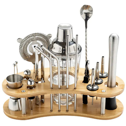 Factory Custom Stainless Steel Cocktail Shaker Set with Bamboo Stand Bartender's Mixer Kit