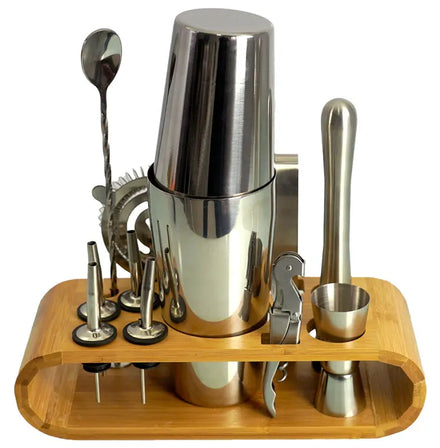 Custom 12-Piece Rustproof Professional Stainless Steel Bar Set Cocktail Shaker Boston Bartender Kit with Bamboo Stand