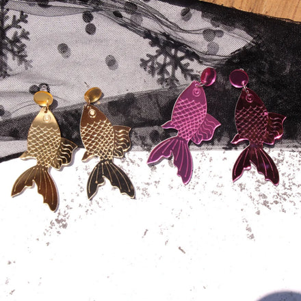 Creative Geometric Animal Accessories Koi Gold Purple Mirror Acrylic Pendant Earrings