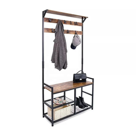 Coat Rack Shoe Bench Hall Tree Entryway Storage 3-in-1 Wood Look Accent Furniture with Metal Frame