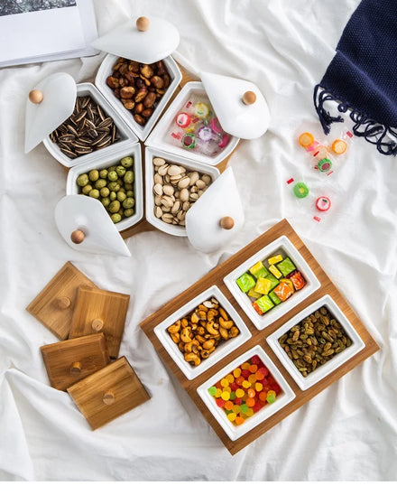 Creative Eco-Friendly Bamboo Snack Storage Tray with Multi-Grid Design Ceramic Platter Lid-Dry Fruit Tray Snake Tray Set