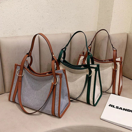 2023 Women Canvas Tote Shopping Bag Lady Shoulder Bag Fashion Stripe Contrast Leather Messenger Bags for Women