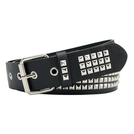 JULUN PU Belt Manufacture Women Studded Belt Black PU Strap Silver Square Pyramid Studs Punk Rock Fashion Waist Belt