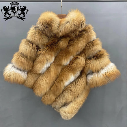 Real Genuine Fox Fur Cape Long Hair Black Vertical Fox Fur Shawl With Collar Real Fox Fur Poncho