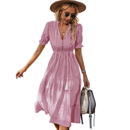 2022 European Women's Summer Dress Elegant Striped Loose Fashionable Printed Style New Hot Floor-Length Clothing Digital