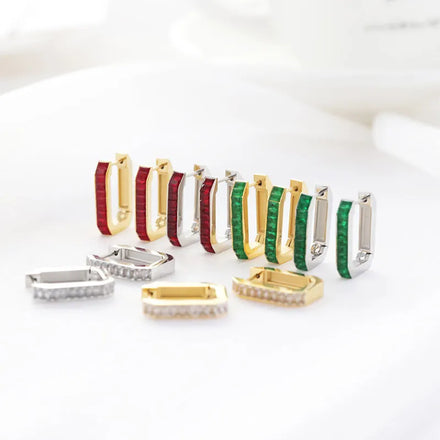 Waterproof Stainless Steel 18k Gold Plated Diamond Zircon Inlay Rectangle Shape Pendant Dangle Drop Earring Women Jewellery