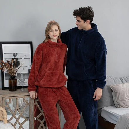 Flannel Satin Women's Autumn/Winter Solid Color Couple's Home Dress Pullover Thick Pajama Bottoms Coral Turtleneck Elastic Waist