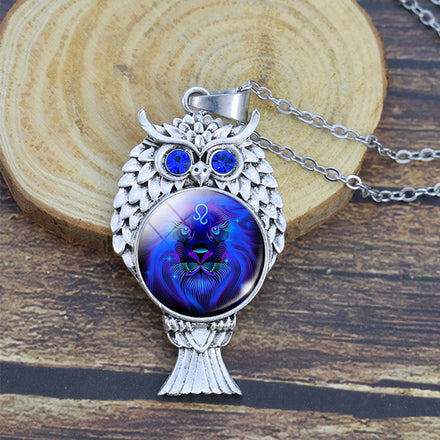 New Fashion Antique Silver Owl Necklace 12 Constellations Glass Pendant Animal Jewelry Women Men Zodiac Necklace