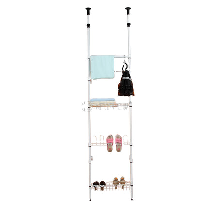 Ceiling Mounted 4-tier Telescopic Clothes Storage Shelf Garment Organizer Adjustable Pole Stand Rack Easy Assemble