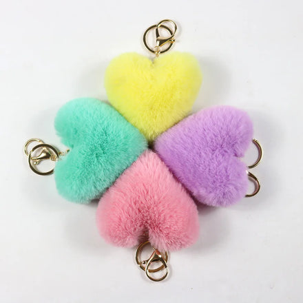 Faux Rabbit Fur Pompoms Pom Poms Keychains Fluffy Heart Shape Pompoms Keyring for Valentine Day Gift