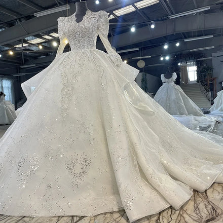 Jancember MN93 Chic V-Neck Long Sleeve Royal Train Bridal Wedding Ball Gown Dress