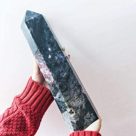 Large Natural Moss Agate Point With Geode Polished Healing Gemstone Moss Agate Crystals Tower