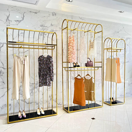 Custom Stainless Steel Cloth Store Display Stands Women Clothes Shop Display Racks Metal Retail Boutique Gold Clothing Rack