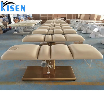 Kisen Cosmetic Beauty Salon SPA Eyelash Facial Bed Ivory Nude Electric Massage Treatment Tables With Gold Base 3 Motors
