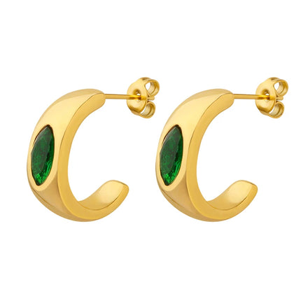 Retro Design Emerald Zircon Oval Earrings C-shaped Design Stainless Steel Earrings