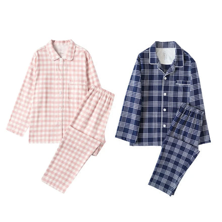 Autumn/Winter Thermal Pajamas Set 100% Cotton Brushed Flannelette Elastic Waist Turn-Down Collar Nightwear for Men and Women