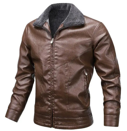 Mens Winter Warm Jacket Brown Coat Fur Collar Leather Jacket Thick Leather Jacket for Male