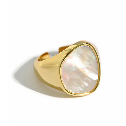 WMJF364 S925 Sterling Silver Adjustable Open Band Ring Boho Chic Statement Signet Style with White Mother of Pearl Fine Jewelry
