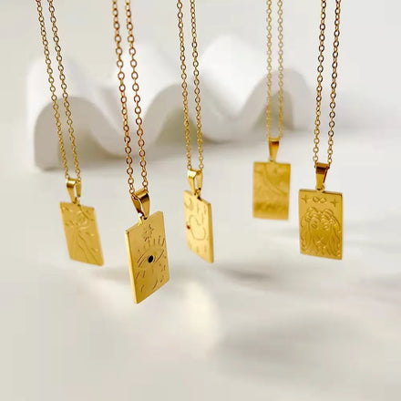 Popular Trendy Fashion Stainless Steel 18k Gold Plated Tarot Card Sun Heart Leo aquarius Eye Rectangle Pendant Necklace Jewelry