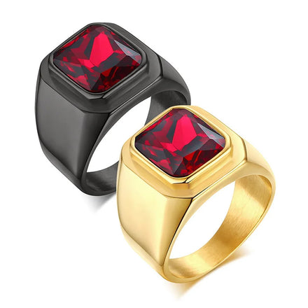 Wholesale European American New Men Ring Personality Trend Stainless Steel Ring Vintage Geometric Red Zircon Ring