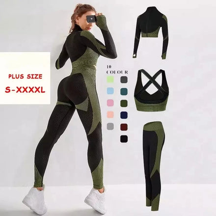 3 Pcs Ropa Deportiva Ladies Workout Clothing Gym Sports Seamless Fitness Yoga Active Wear Plus Size Women Yoga Set With Jacket