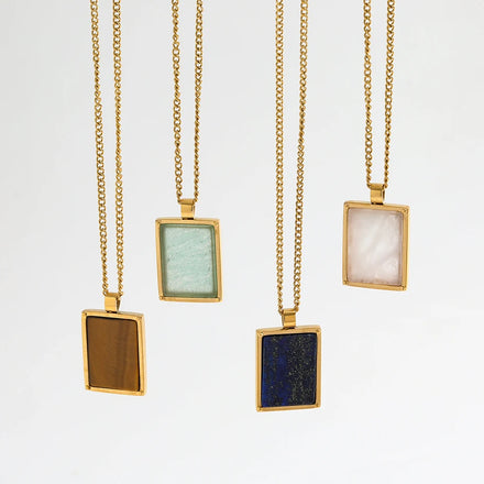 Hot Seller Fenny Classic Colorful Double Side Rectangle Natural Stone Pendant Necklace Stainless Steel Jewelry Wholesale