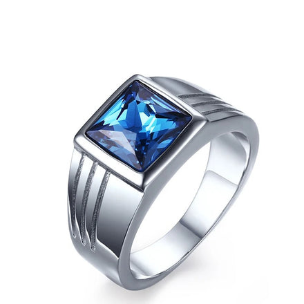 European American Fashion Popular Men Ring Temperament Blue Zircon Ring Simple Design Stainless Steel Ring
