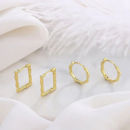 Trendy Dainty Square Gold Vermeil Huggie Earrings Pure 999 Sterling Silver Bamboo Drop Shape for Gift