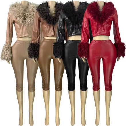 Autumn Hot Sale Women PU Leggings Pants Solid Color High Waist Elastic Waist Streetwear Women Casual Midi Pants