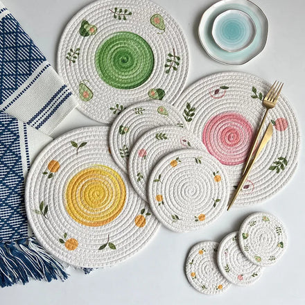 Woven Cotton Rope Placemat Creative Printed Coasters Fruits Circular Household Bowl Tray Cup Placemat