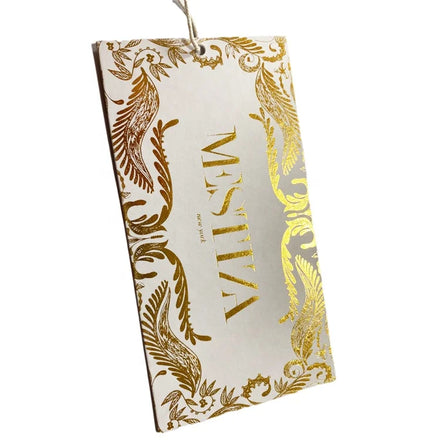 Custom Name Logo Gold Foil Hang Tag Premium White Paper Garment Tags with Gold Stamping and String for Clothing Bags Shoes