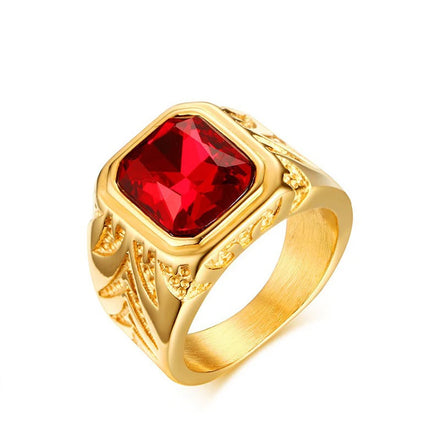 Wholesale European American Style Men Ring Vintage Red Zircon Ring Simple Gold-plated Stainless Steel Ring