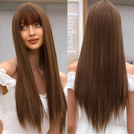 Factory Outlet MOQ1Brown Straight Synthetic Wigs With Bangs Long Brown Wig for Women Natural Looking Daily Heat Resistant Fiber
