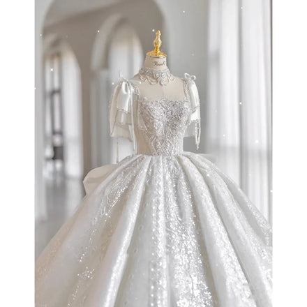 AL1256 Heavy Beaded Elegant Luxury French Light Boho Wedding Dress for Bride Big Tail Gown Crystal White Cathedral Plus Size