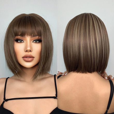 Factory Direct Brown Highlight Short Straight Hair Wig Mixed Brown Bob Wigs With Bangs for Women High Temperature Fiber