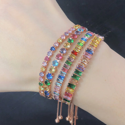 SC Wholesale Vintage Rose Gold Silver Diamond Bracelet Adjustable Copper Bracelet Trendy Full Colorful Zircon Bracelet for Girls