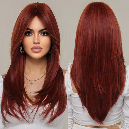 Factory Outlet MOQ1Red Layered Synthetic Hair Wig Long Red Straight Wigs with Bangs Soft Natural Heat Resistant Fiber