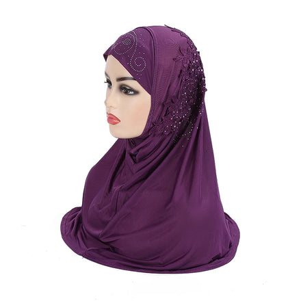 Malaysia Beautiful Muslim Girls Polyester Knitted Rhinestone Arab Hijab Lace Flowers Pull Amira Islamic Headscarf Wrap 13 Colors