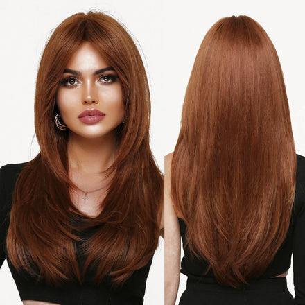 Factory Outlet MOQ1Long Copper Brown Synthetic Wigs with Bangs Ginger Layered Straight Hair Wig Natural Daily Costume