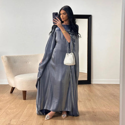 Eid Ramadan Muslim Dress for Women Bat Sleeve Solid Color Maxi Jalabiya Bright Satin Dubai Party Evening Dresses Summer 2024