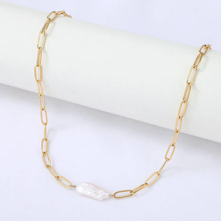 Hot Sale 14K Gold Plated StainlesS Steel Paper Clip Chain Natural Pearl Pendant Necklace Women Parties Weddings Religious Gifts
