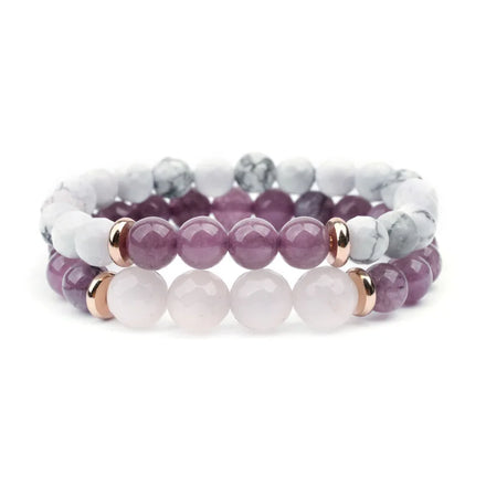 RisingMoon 8mm Beads Bracelet Friendship Couple Healing Crystal White Stone Howlite Amethyst Bracelet Natural Stone