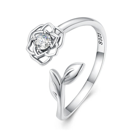 925 Sterling Silver Camellia Flower Open Rings for Women AAA Clear Zircon Adjustable Ring Wedding Engagement Jewelry Gift BSR325