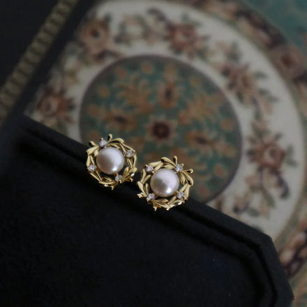 Vintage Elegant 18k Gold Plated Pure 925 Sterling Silver Branches Leaves Unique Pearl Stud Earrings for Women Girls