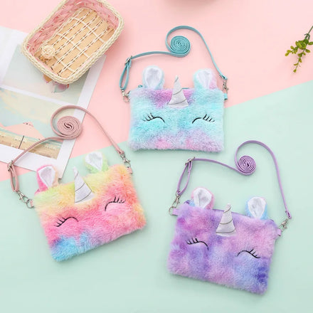 Wholesale Children Cute Cartoon Korean Stylish Fall Winter Unicorn Fur Crossbody Bags Kids Girls Coin Purse