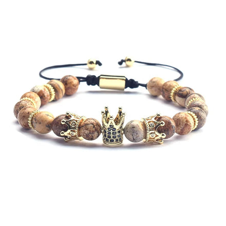 2023 Luxury Wholesale Unisex Jewelry Couple Men Crystal Zircon king Crown Charm Natural Stone Bead Adjustable Bracelet for Women