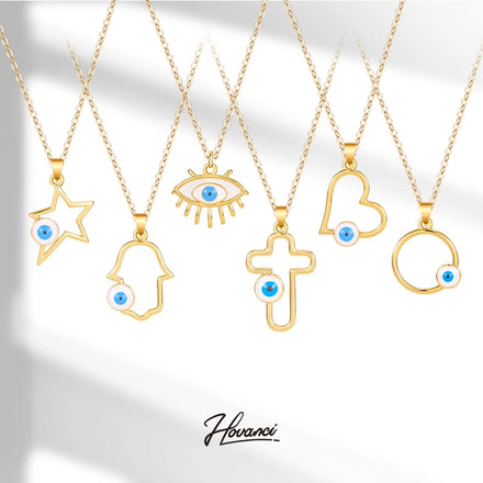 HOVANCI Bijoux Acier Inoxydable Stainless Steel Jewelry 18K Gold Evil Eyes Locket Charm Pendants Necklace